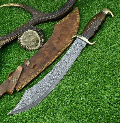 19 Inch Handmade Damascus Steel Curved Blade Hunting Knife with Natural Wood Handle