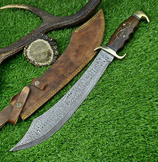 19 Inch Handmade Damascus Steel Curved Blade Hunting Knife with Natural Wood Handle