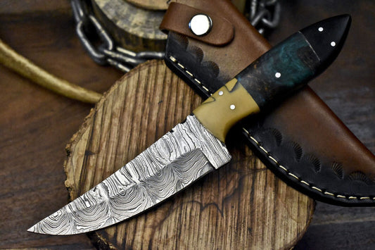 Hot Item Twist Damascus Skinner Knife with Corian Handle and Micarta Bolster – Outdoor Hunting Blade