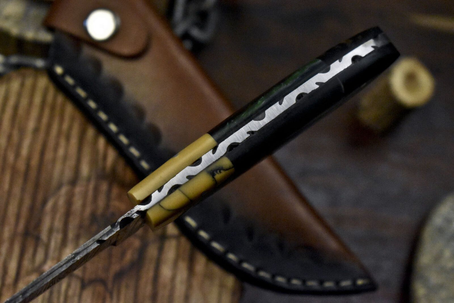 Hot Item Twist Damascus Skinner Knife with Corian Handle and Micarta Bolster – Outdoor Hunting Blade