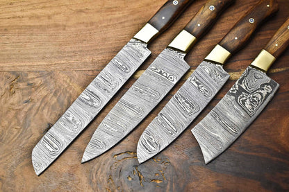 Lot of 4 Handmade Damascus Steel Blade Chef Knife Set – Professional Forged Knives