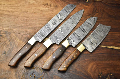 Lot of 4 Handmade Damascus Steel Blade Chef Knife Set – Professional Forged Knives
