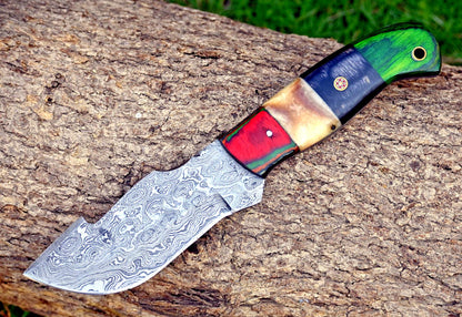 Custom Handmade Damascus Steel Tracker Knife – Full Tang Hunting, Camping & Survival with Camel Bone & Wood Handle