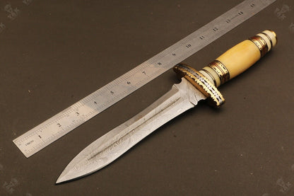 15" Handmade Damascus Steel Dagger Bowie Knife – Ladder Pattern Blade & Bone Handle