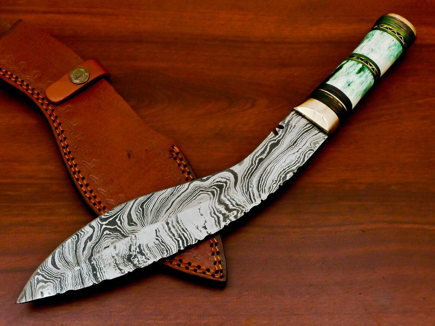14.5" Damascus Khukri Bowie Knife | Stained Camel Bone & Hardwood Handle with Leather Sheath