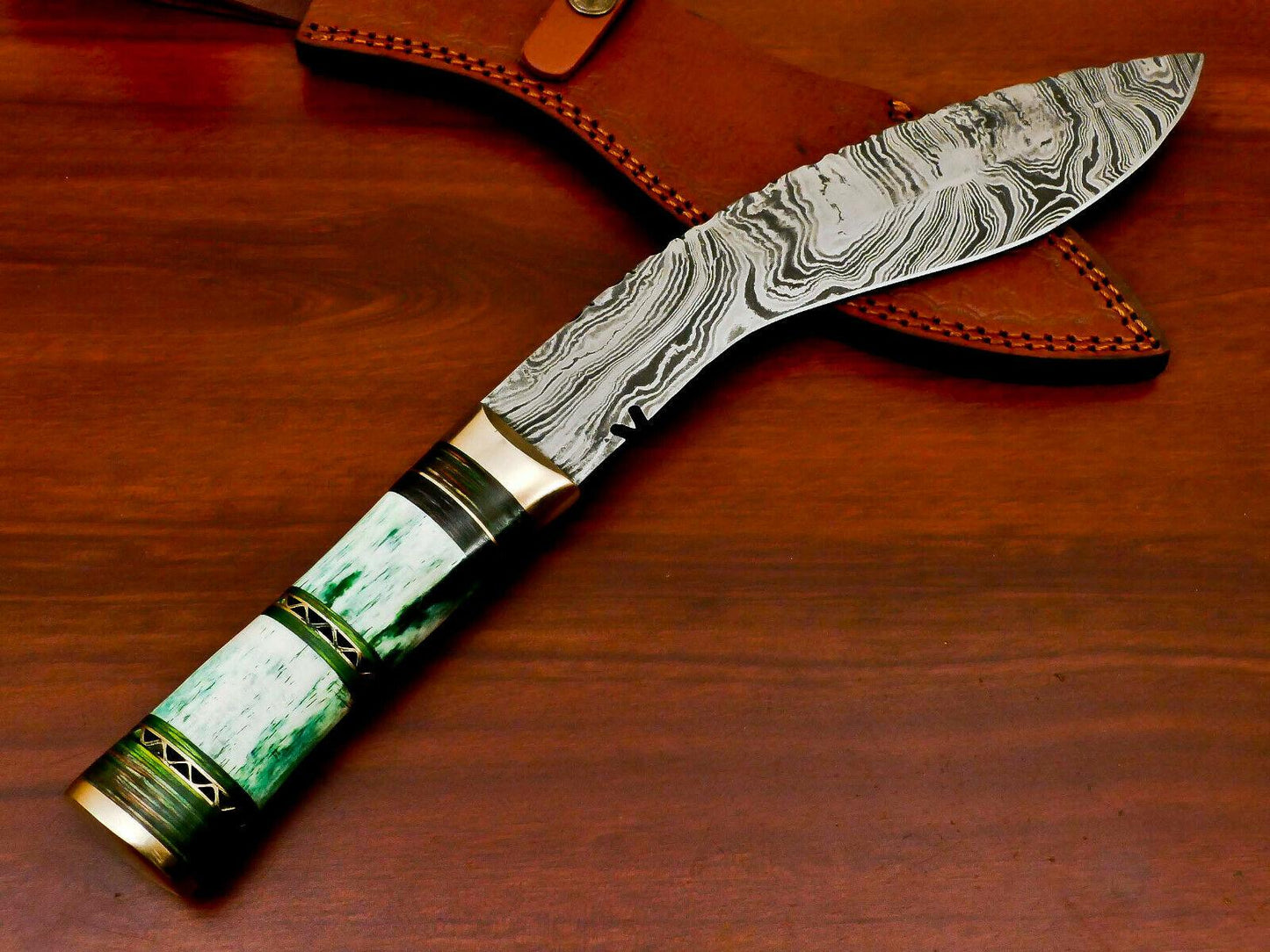 14.5" Damascus Khukri Bowie Knife | Stained Camel Bone & Hardwood Handle with Leather Sheath