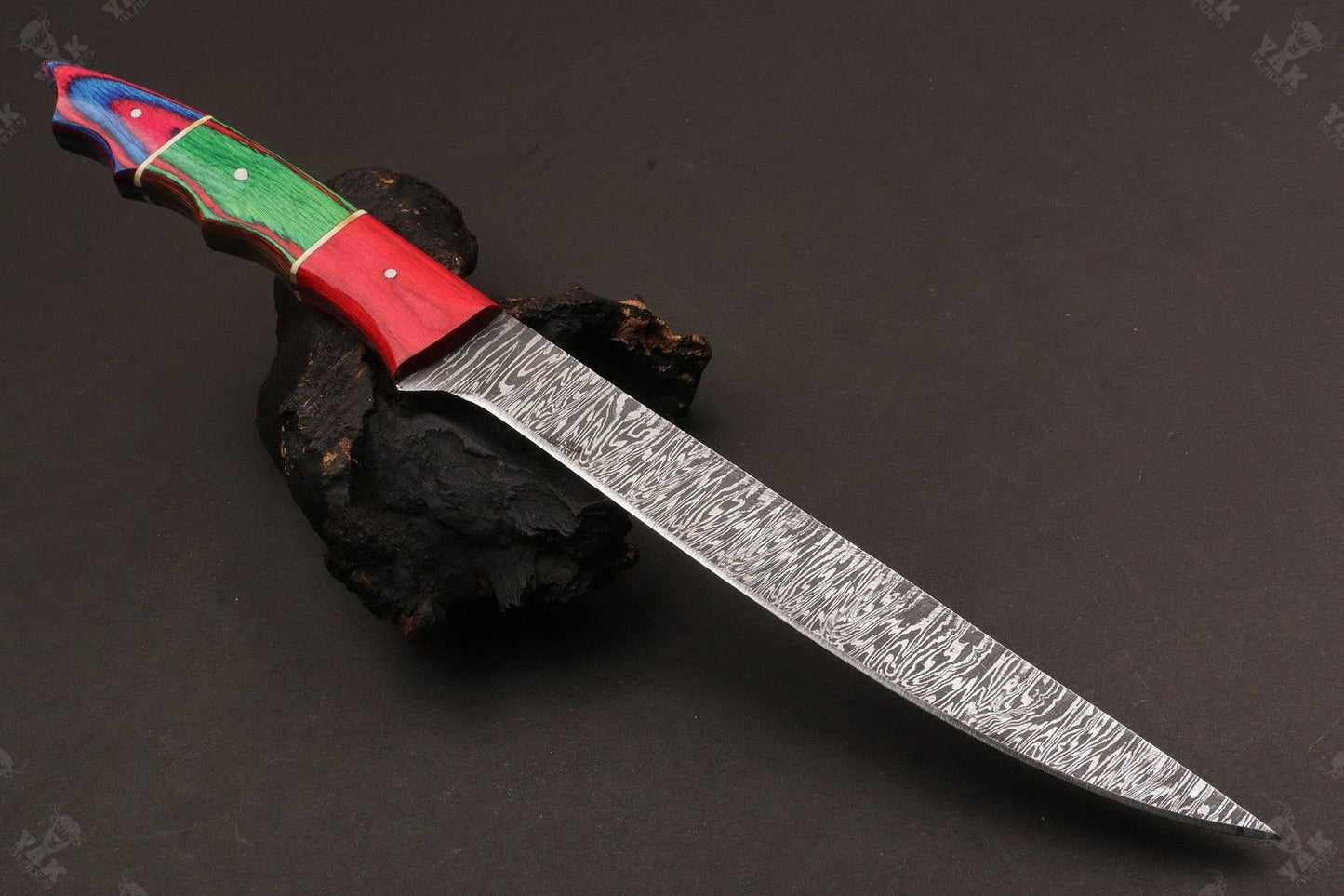 13" Handmade Damascus Fillet Knife Fire Damascus Steel Fillet Knife W/Sheath