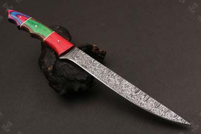 13" Handmade Damascus Fillet Knife Fire Damascus Steel Fillet Knife W/Sheath