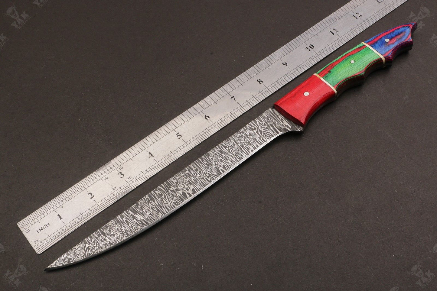 13" Handmade Damascus Fillet Knife Fire Damascus Steel Fillet Knife W/Sheath