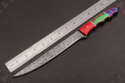13" Handmade Damascus Fillet Knife Fire Damascus Steel Fillet Knife W/Sheath