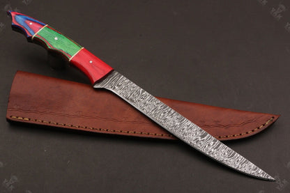 13" Handmade Damascus Fillet Knife Fire Damascus Steel Fillet Knife W/Sheath
