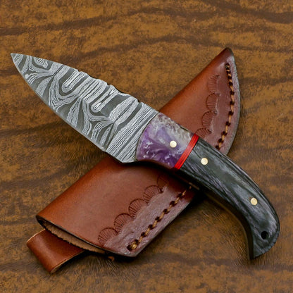 Handmade Damascus Skinner Knife with Resin and Wood Handle – Custom Hunting EDC Blade