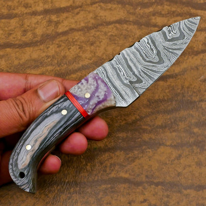Handmade Damascus Skinner Knife with Resin and Wood Handle – Custom Hunting EDC Blade
