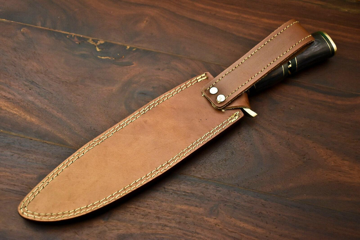 14.5" Handmade Damascus Steel Bowie Knife | Hardwood Handle & Leather Sheath