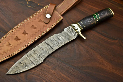 14.5" Handmade Damascus Steel Bowie Knife | Hardwood Handle & Leather Sheath