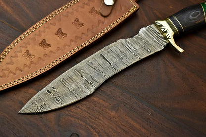 14.5" Handmade Damascus Steel Bowie Knife | Hardwood Handle & Leather Sheath
