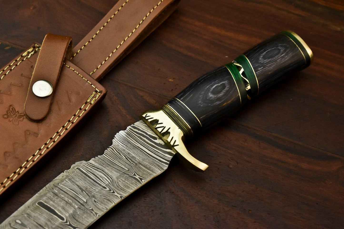 14.5" Handmade Damascus Steel Bowie Knife | Hardwood Handle & Leather Sheath