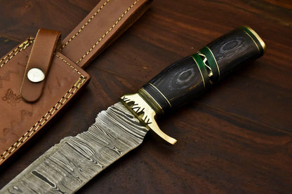 14.5" Handmade Damascus Steel Bowie Knife | Hardwood Handle & Leather Sheath