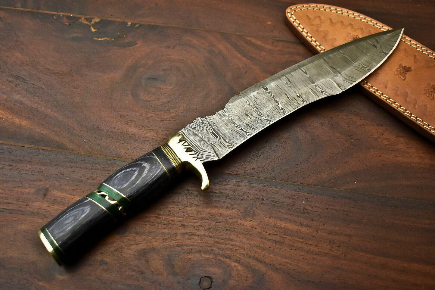 14.5" Handmade Damascus Steel Bowie Knife | Hardwood Handle & Leather Sheath