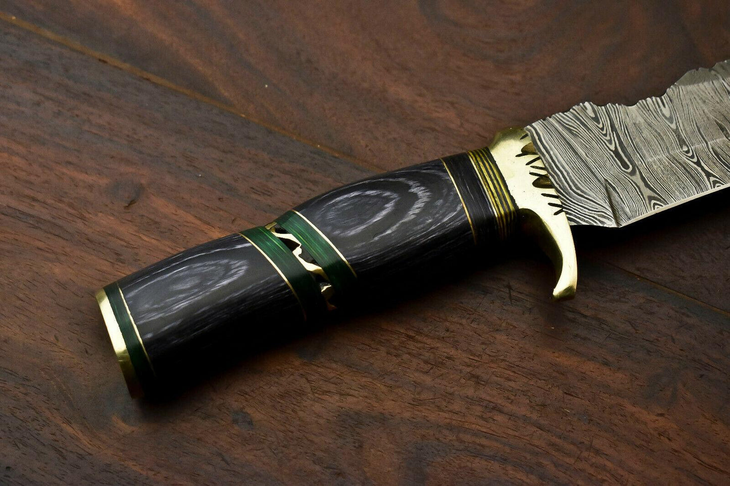 14.5" Handmade Damascus Steel Bowie Knife | Hardwood Handle & Leather Sheath