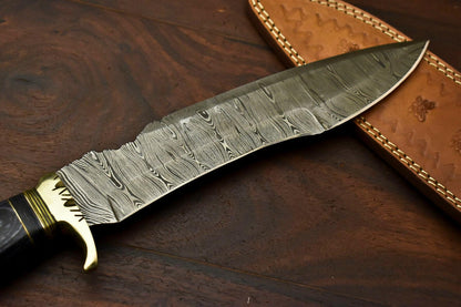 14.5" Handmade Damascus Steel Bowie Knife | Hardwood Handle & Leather Sheath