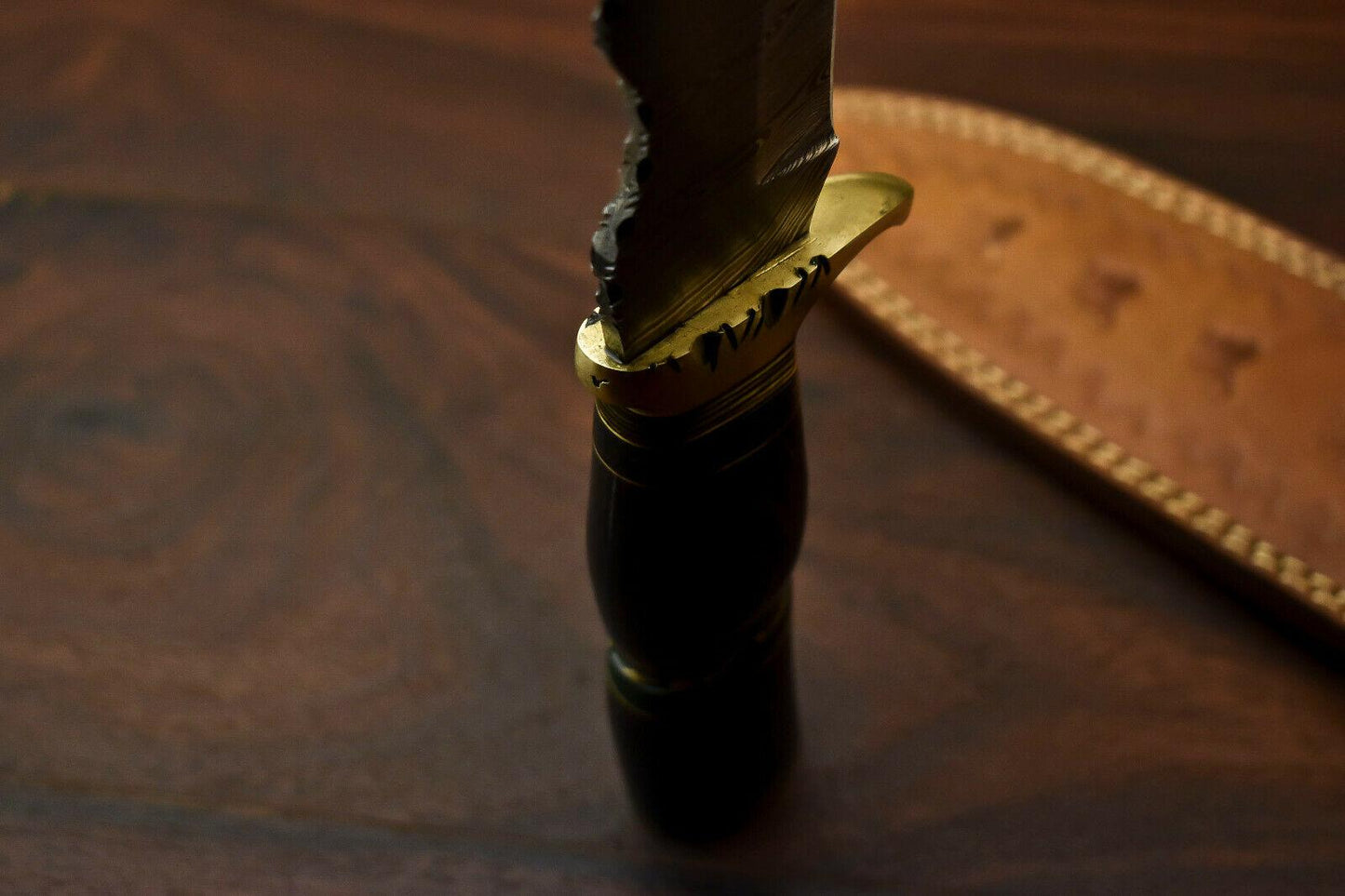14.5" Handmade Damascus Steel Bowie Knife | Hardwood Handle & Leather Sheath