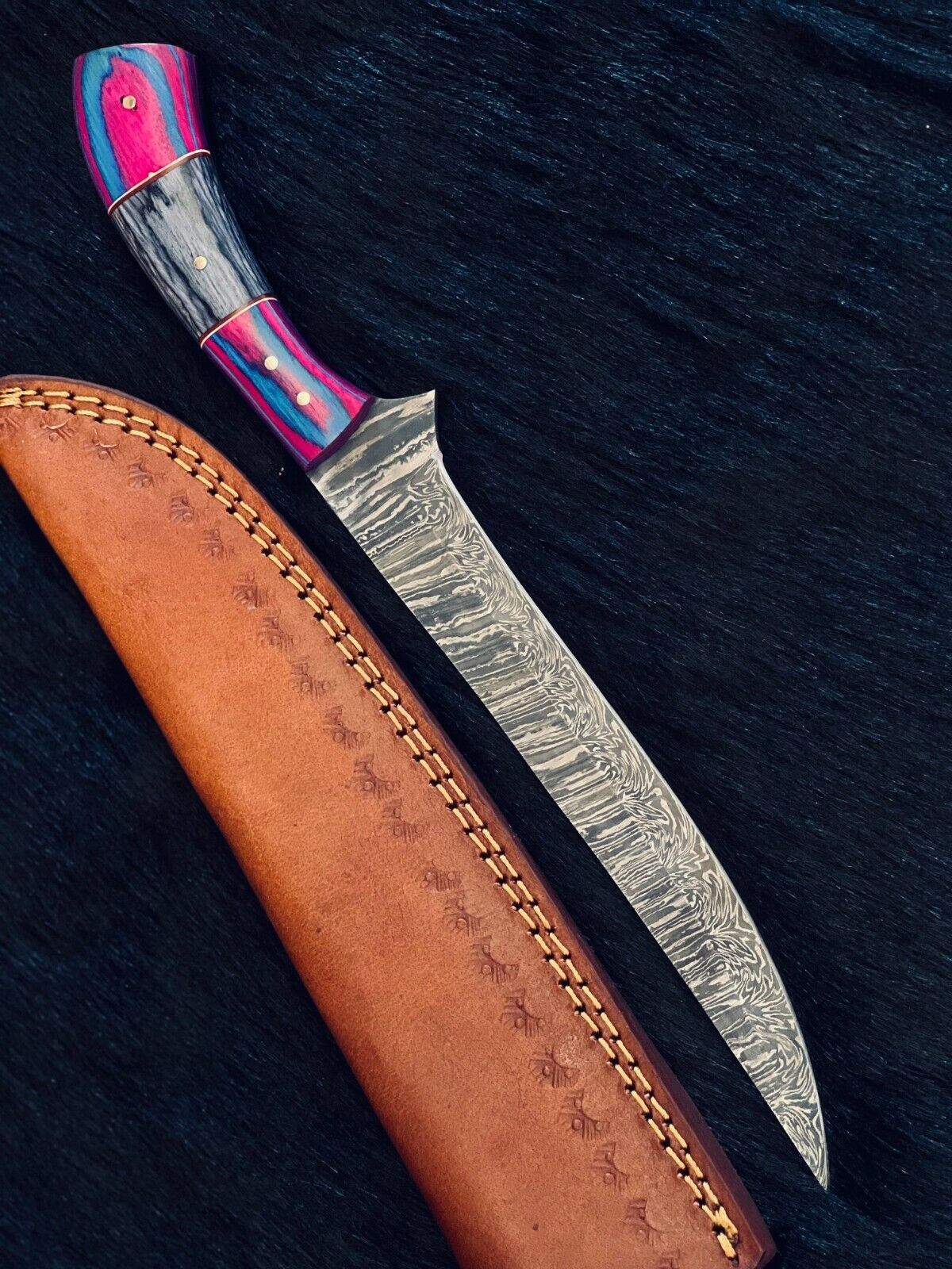 12" Custom Handmade Damascus Fillet Knife Fire Damascus Steel Fillet Knife W/Sheath