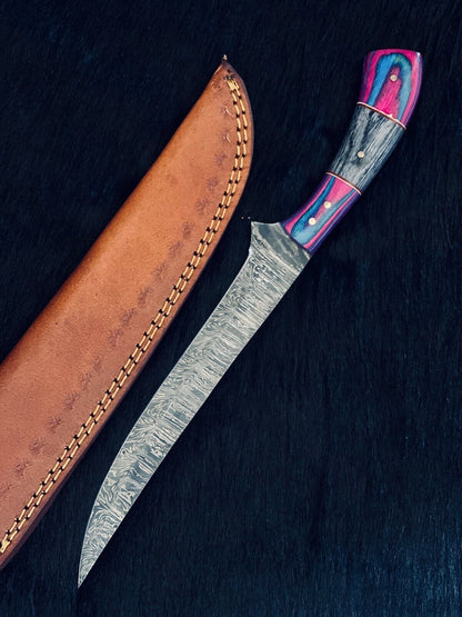12" Custom Handmade Damascus Fillet Knife Fire Damascus Steel Fillet Knife W/Sheath