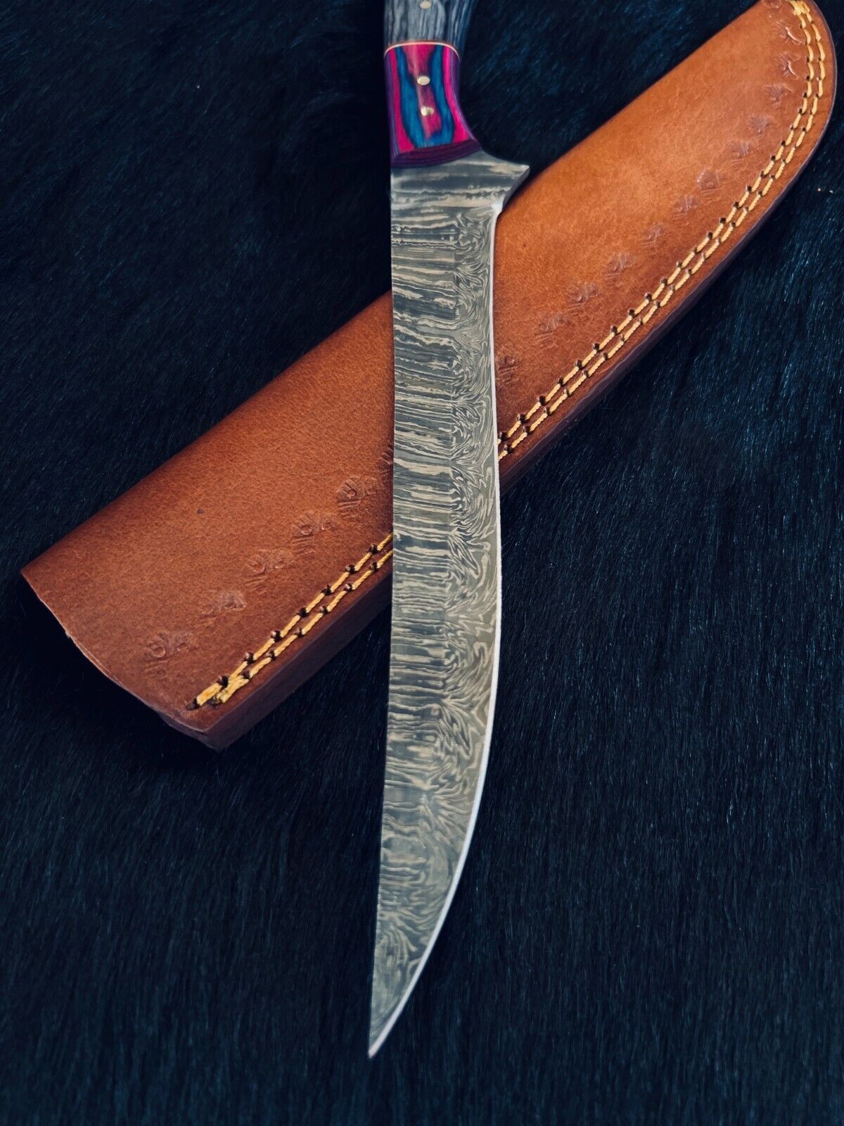 12" Custom Handmade Damascus Fillet Knife Fire Damascus Steel Fillet Knife W/Sheath