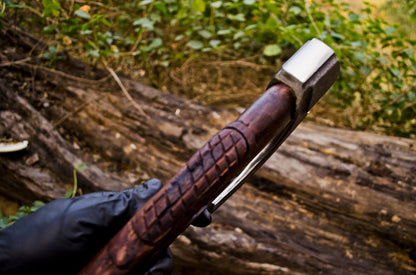 Custom Handmade Carbon Steel Viking Axe Tomahawk Throwing Hatchet with Engraved Wood Handle and Leather Sheath