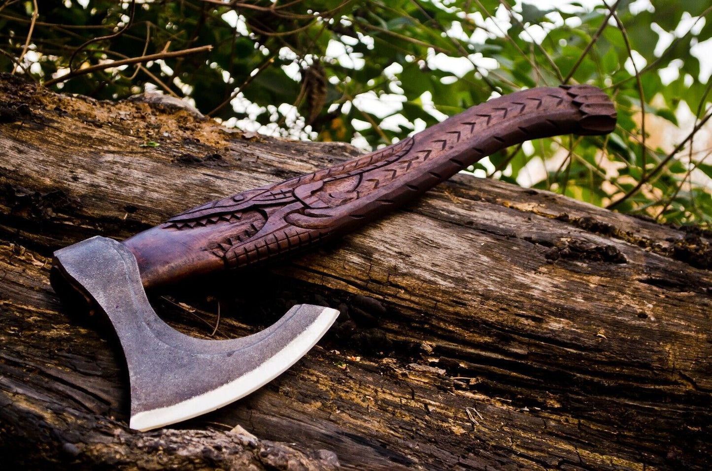 Custom Handmade Carbon Steel Viking Axe Tomahawk Throwing Hatchet with Engraved Wood Handle and Leather Sheath