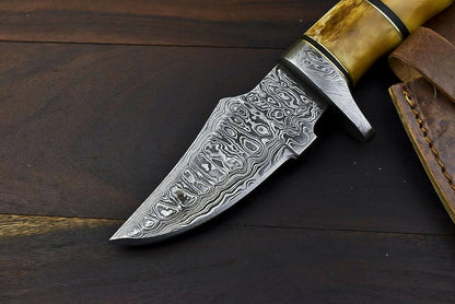 10" Damascus Trailing Bowie Knife – Camel Bone Handle