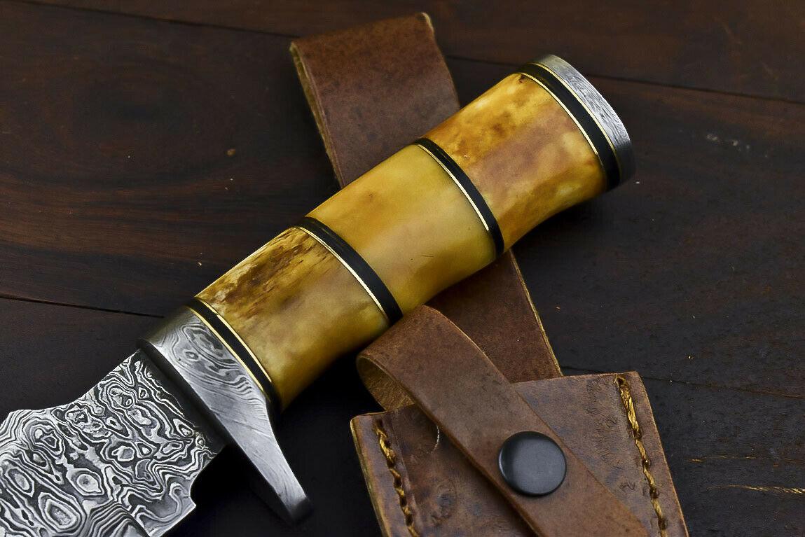10" Damascus Trailing Bowie Knife – Camel Bone Handle