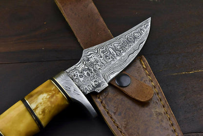 10" Damascus Trailing Bowie Knife – Camel Bone Handle