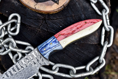 Handmade Ladder Damascus Skinner Knife with Bone and Wood Handle Wooden Bolster