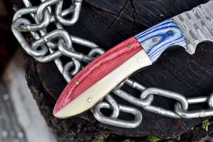 Handmade Ladder Damascus Skinner Knife with Bone and Wood Handle Wooden Bolster