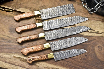 Hot Item Chef Knife Set Twist Damascus Steel with Olive Wood Handles – Lot of 5 Survival Knives