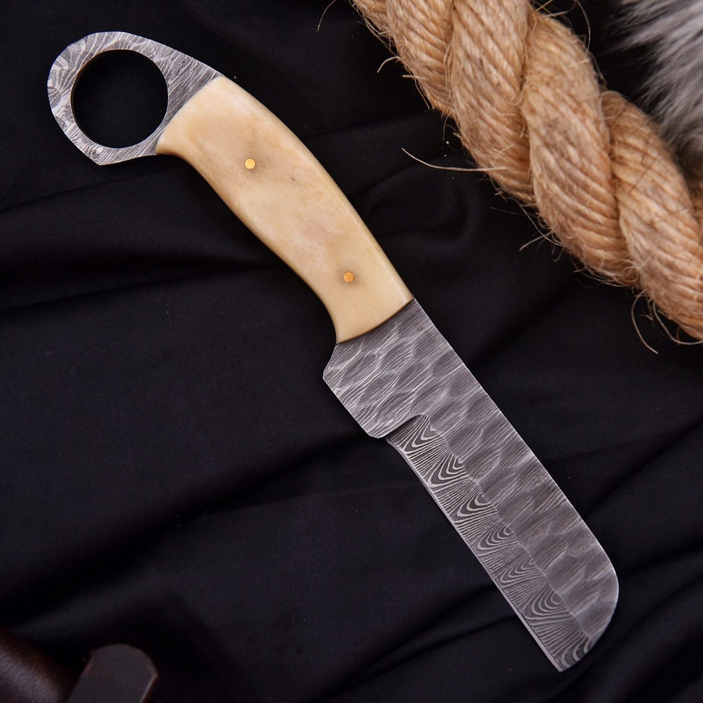 Handmade Damascus Steel Bull Cutter Knife 9" Cowboy Bull Cutter Knife with Camel Bone Handle