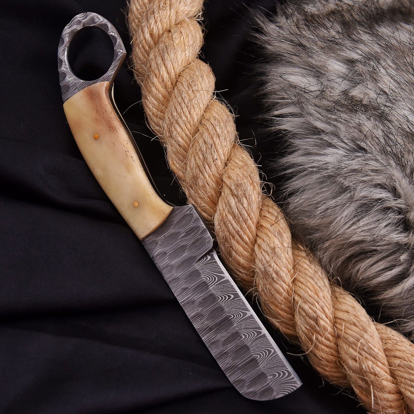 Handmade Damascus Steel Bull Cutter Knife 9" Cowboy Bull Cutter Knife with Camel Bone Handle