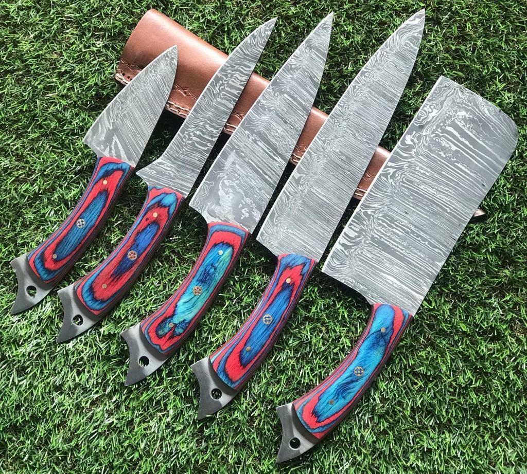 Handmade Twist Damascus Steel Chef Knife Set – Pakka Wood Handle