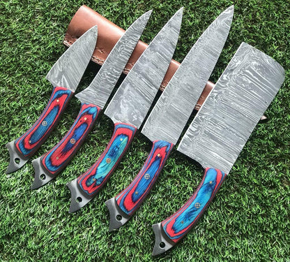 Handmade Twist Damascus Steel Chef Knife Set – Pakka Wood Handle
