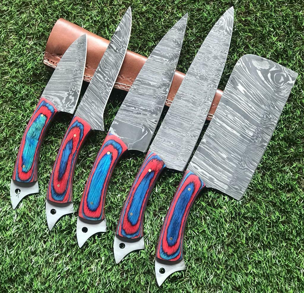 Handmade Twist Damascus Steel Chef Knife Set – Pakka Wood Handle