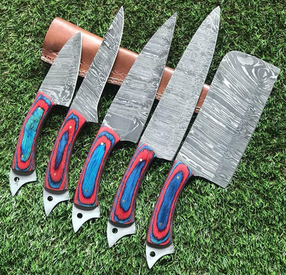 Handmade Twist Damascus Steel Chef Knife Set – Pakka Wood Handle