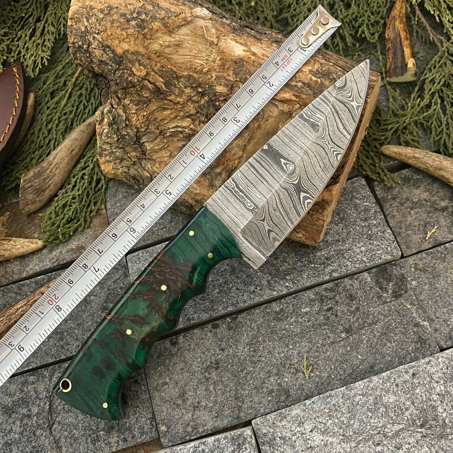 Damascus Bowie – Resin Handle, 9" Hand-Forged Blade with Leather Sheath