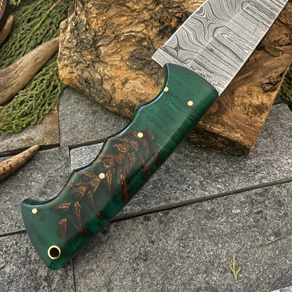 Damascus Bowie – Resin Handle, 9" Hand-Forged Blade with Leather Sheath