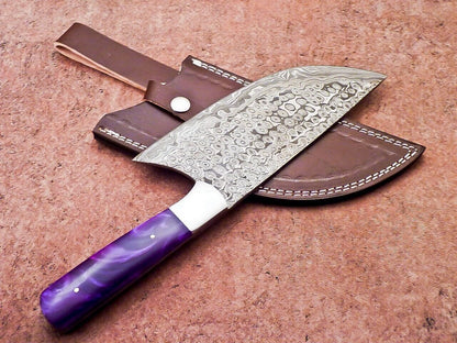 12" Professional Chef Chopper Knife Cleaver Damascus Blade with Resin Handle & Leather Sheath