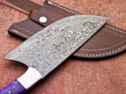 12" Professional Chef Chopper Knife Cleaver Damascus Blade with Resin Handle & Leather Sheath