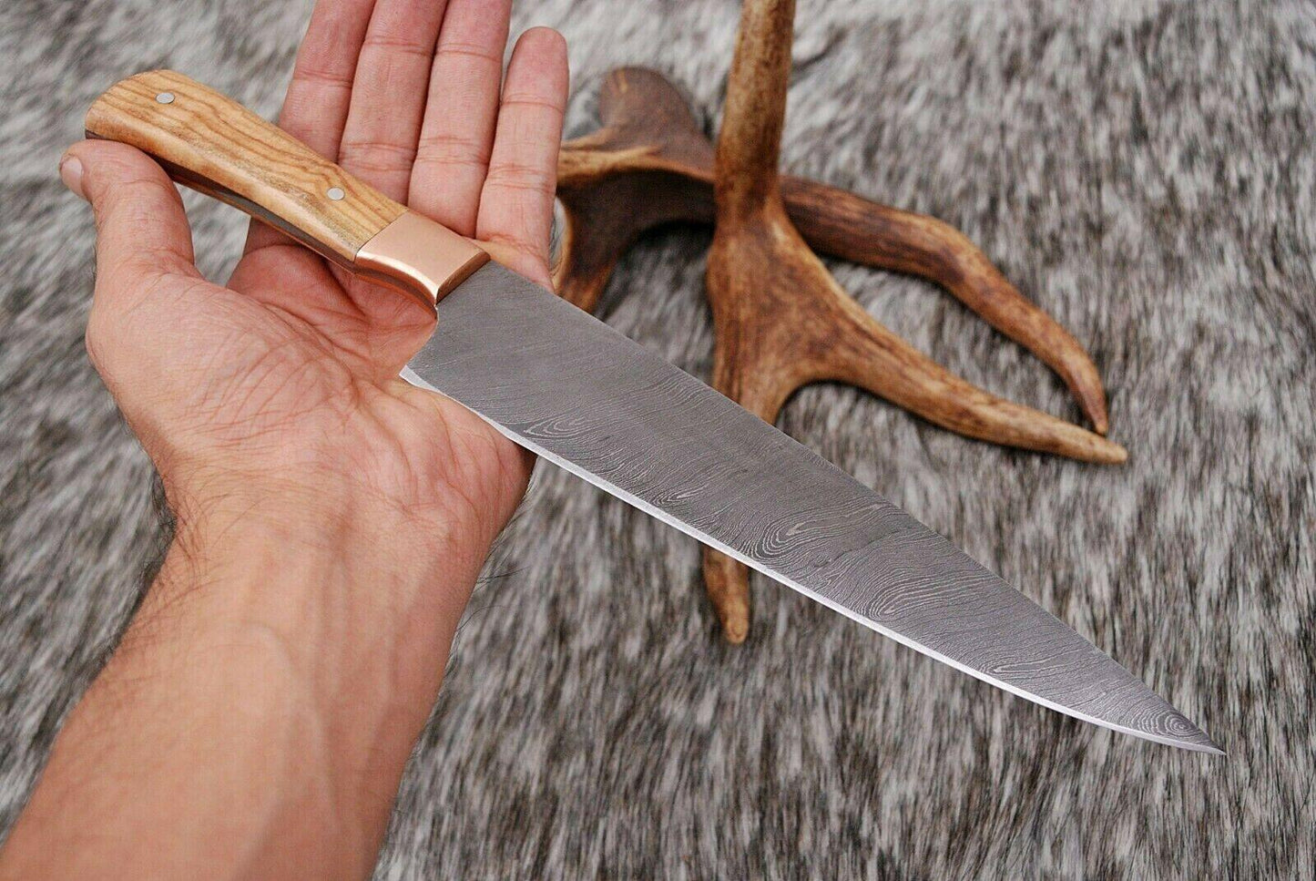 Hand Forged Damascus Steel Chef Knife with Copper Guard & Olive Wood Handle – 12"