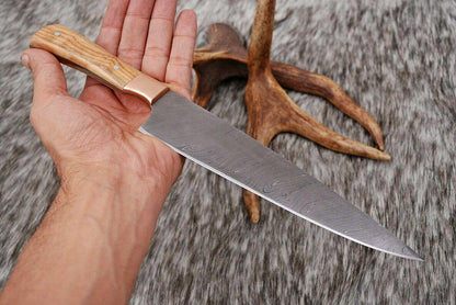 Hand Forged Damascus Steel Chef Knife with Copper Guard & Olive Wood Handle – 12"