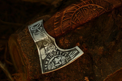 Hand Forged Viking Camping Steel Etching Axe Hatchet with Wooden Handle and Leather Sheath